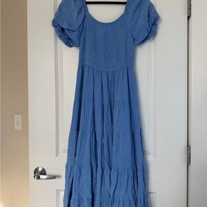 Blue Puff-Sleeve Maxi Dress - Casual Tiered Summer Dress